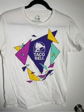 Taco Bell Retro 90s Style White Graphic Logo Tee - Colorful Geometric Print Smal
